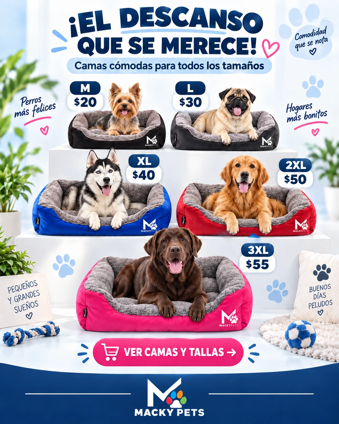 Camas Mackypets: talla M $20, L $30, XL $40, 2XL $50 y 3XL $55